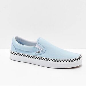 Baby blue slip on vans with checkerboard